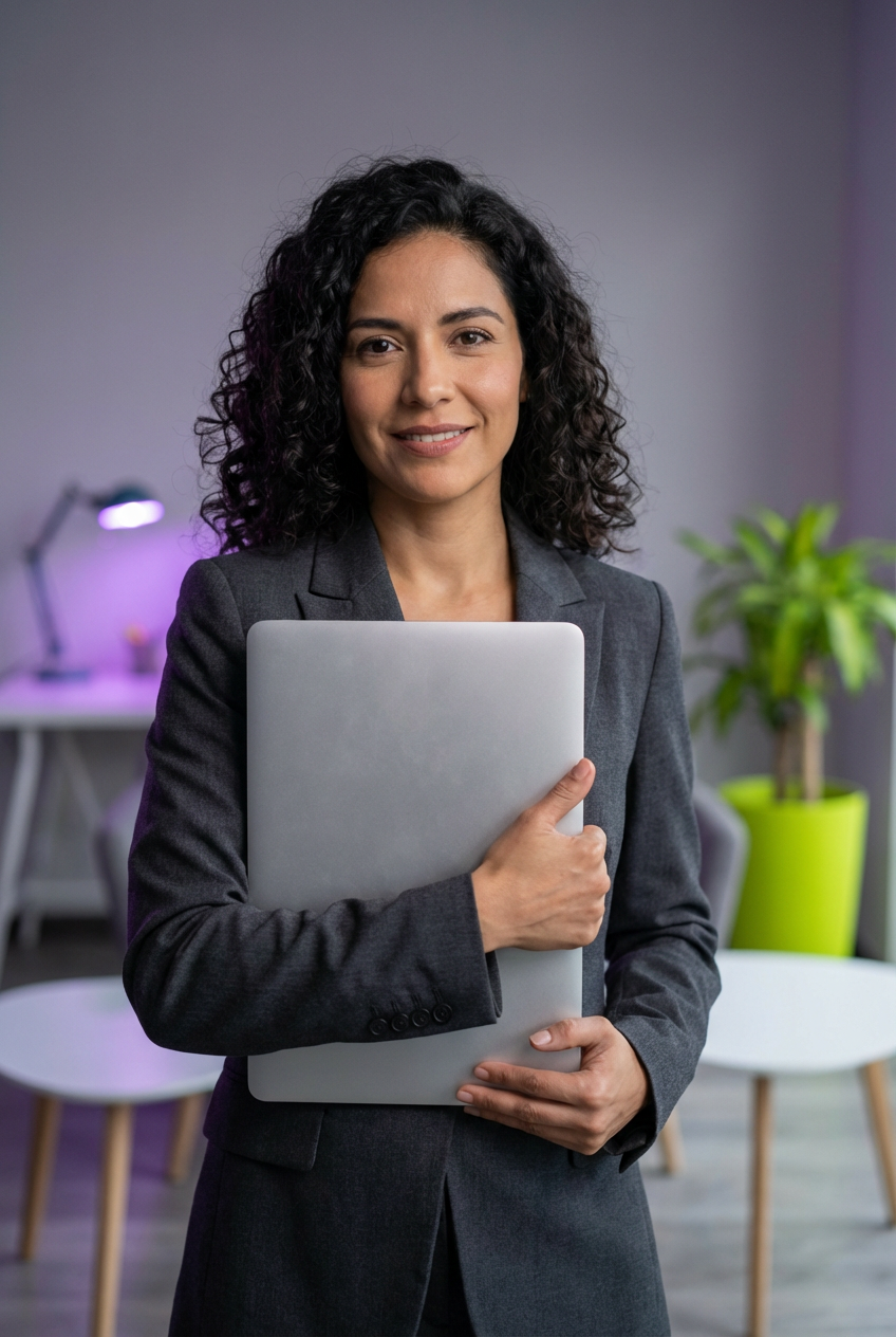 Mujer empresaria sonriendo con laptop