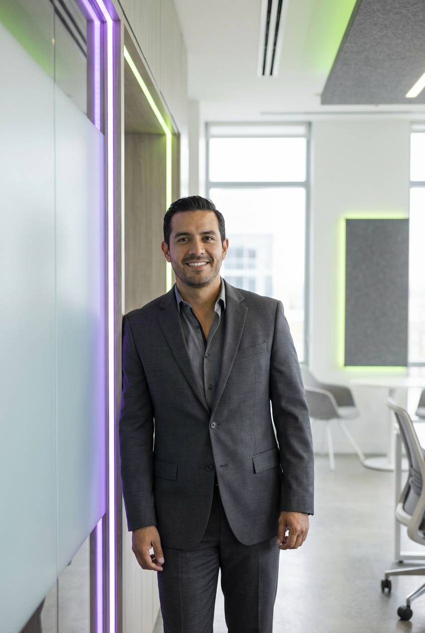 Empresario sonriendo en oficina moderna